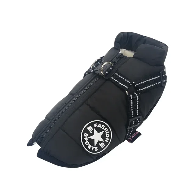 High-quality black dog jacket with adjustable straps, zipper closure, and sporty design, perfect for outdoor protection and style for your pet.