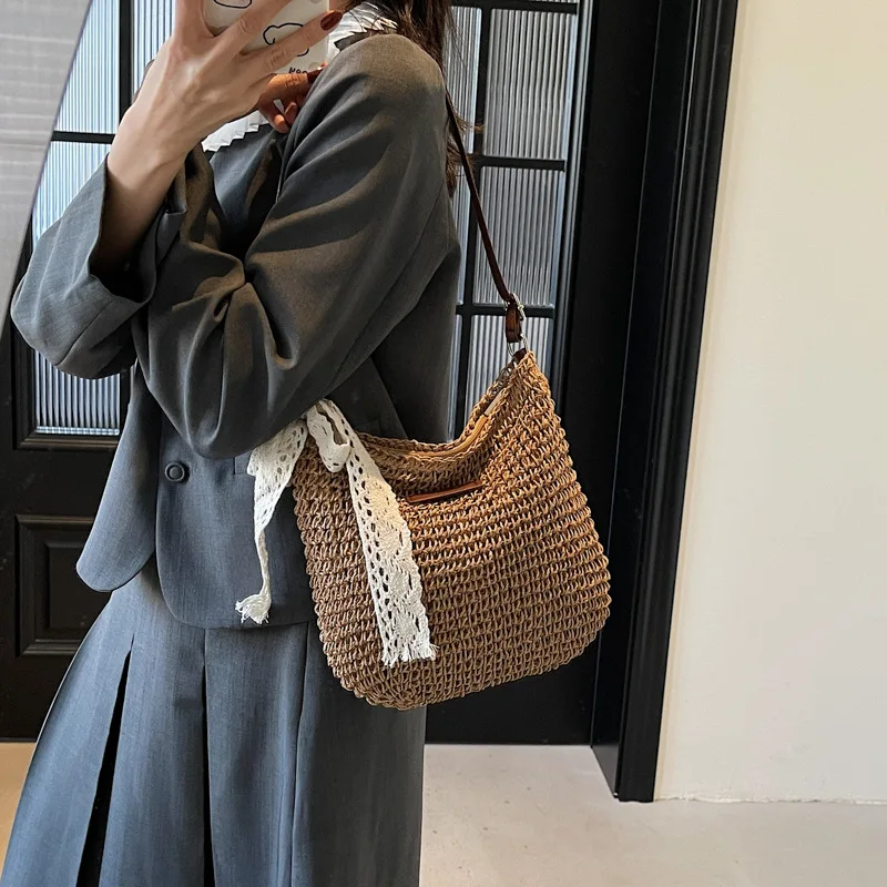 Woven Summer Fashion Straw Bag Beach Holiday Crossbody Bag Shopping Large Capacity Shoulder Handbag Messenger Ladies Women