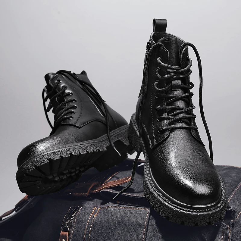 Mens Ankle Boots Winter Hiking Motorcycle Boots Casual Fashion Low-heeled Genuine Leather High Top Black Warm Cotton Shoes