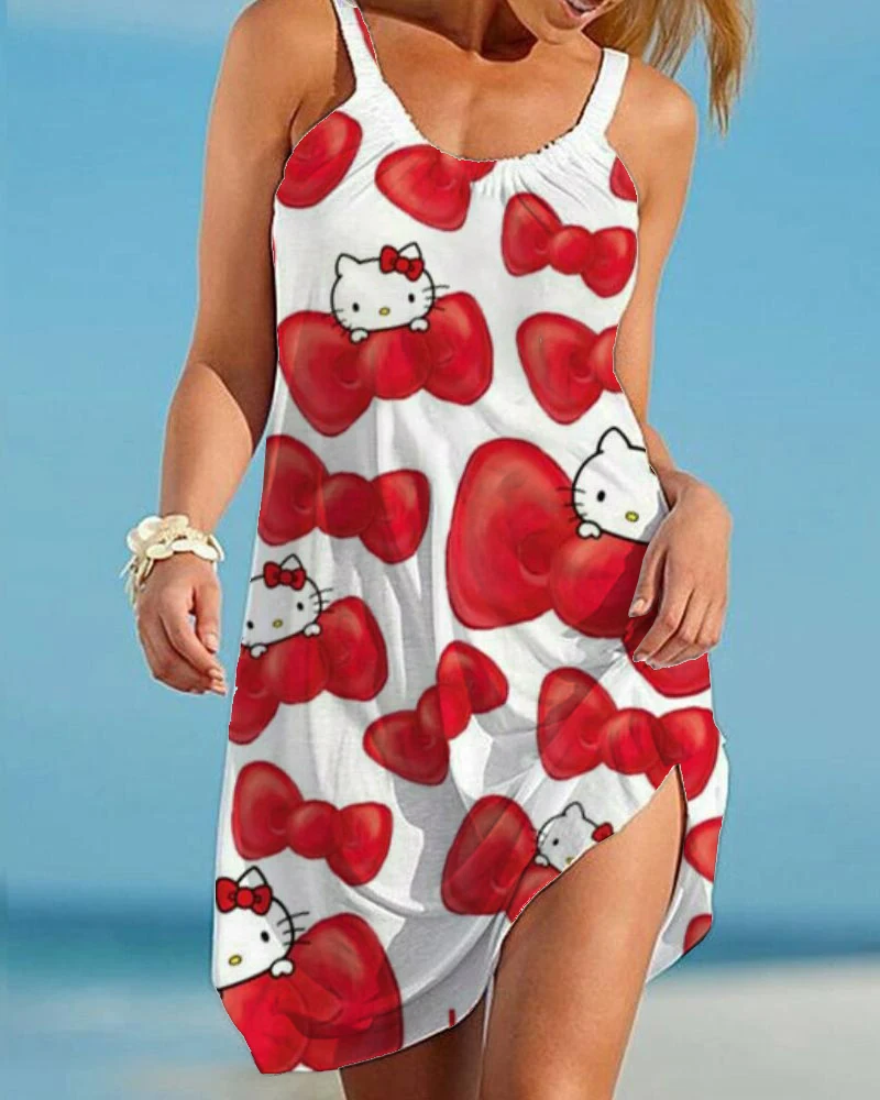 

2023 Hello Kitty Summer Women Dress Fashion Casual Beach Dress Cat Dress 3D Printing Sleeveless Midi Dress Women Party Dress