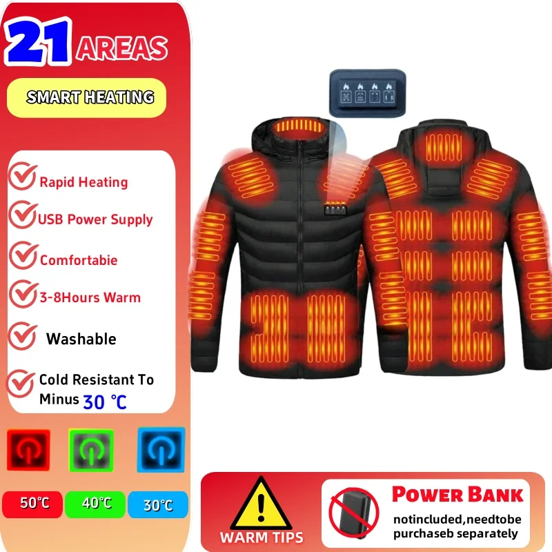 ​USB Heated Jacket for Men - Electric Heating 3 Mode Adjustable Winter Padded Coat, Windproof Thermal Parka for Camping Ski​