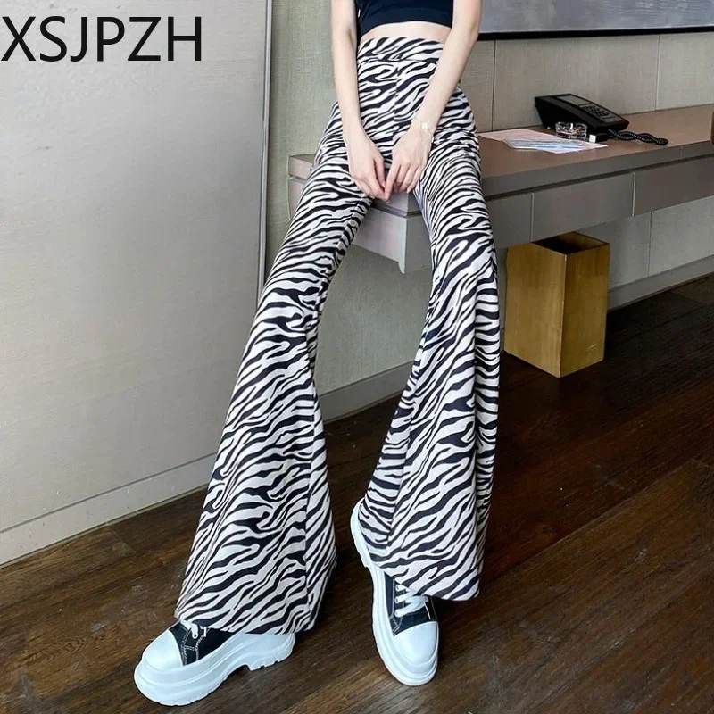 

2023 Pants Woman Autumn New Korean Version High Waist Elasticed Slimming Zebra-print Fashion Casual Ladies Flared Trousers