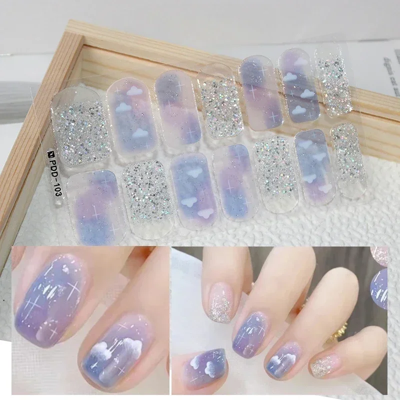 DIY 반 경화 젤 네일 스티커 봄 네일 스트립 패치 슬라이더 풀 커버 데칼의 오래 지속되는 솔리드 컬러 신선한 꽃