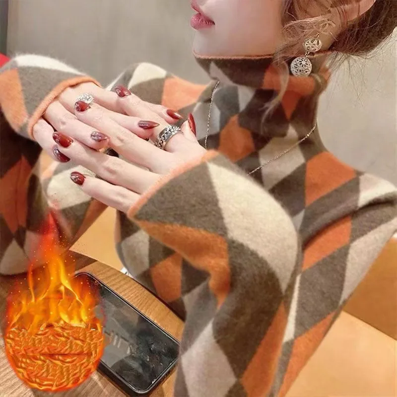 

Women's Pullover Slim All-match Turtleneck Plaid T-shirt Autumn and Winter 2023 New Fashion Long Sleeve Tops Female Clothing
