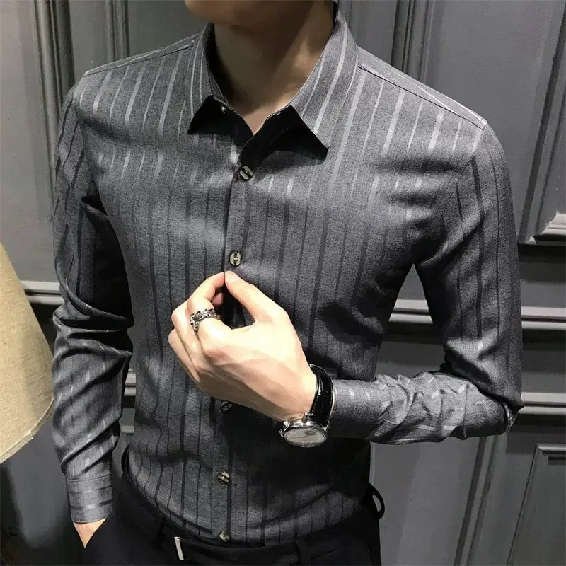 Summer Men's Shirt New Stylish Young Style Chic Solid Color Striped Bright Silk Daily Casual Commute Turn-down Collar Tops