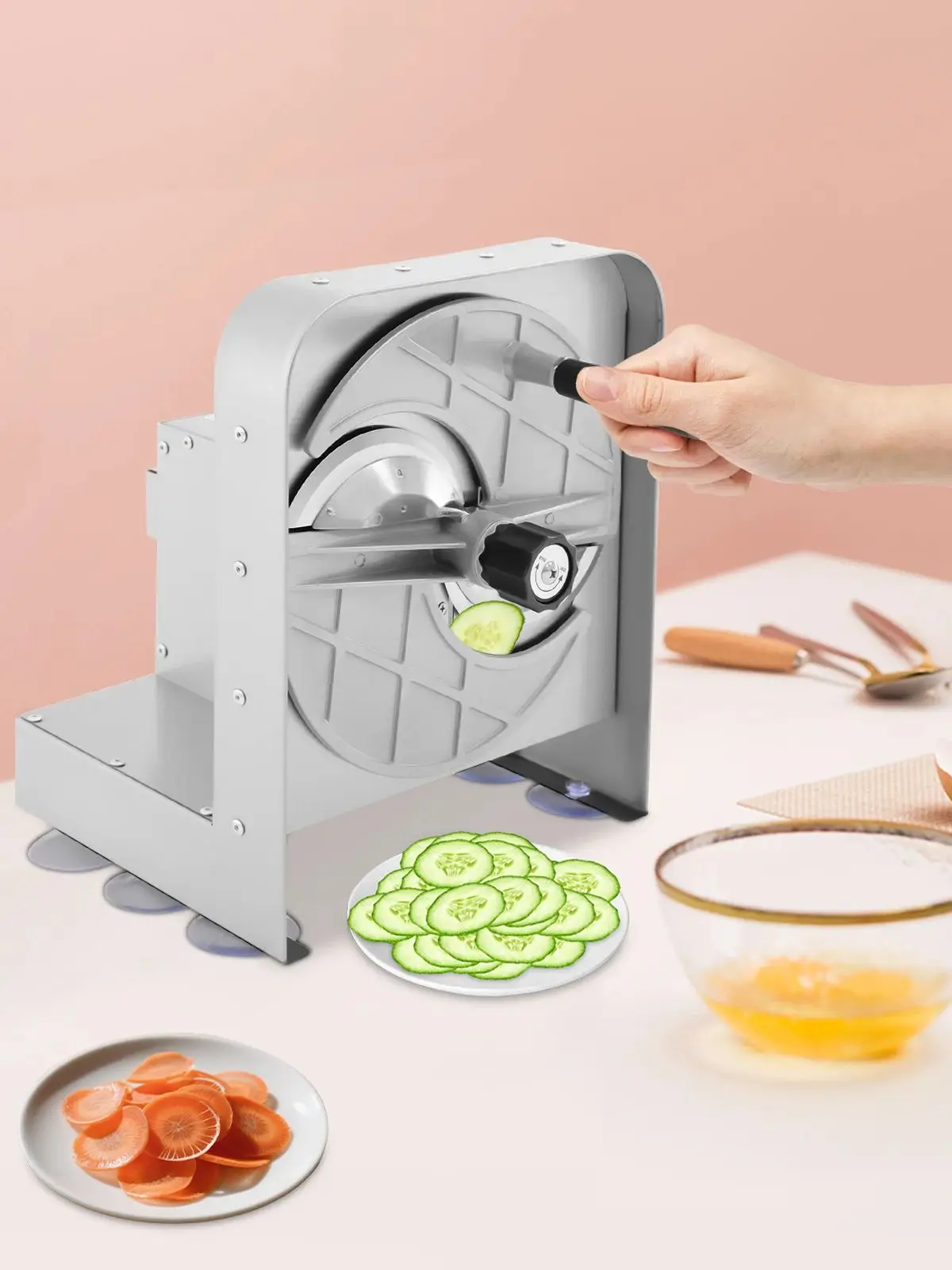 Manueller Gemüse- und Obstschneider, verstellbare kommerzielle Lebensmittelschneider-Schneidemaschine aus Edelstahl für Restaurants/Cafeterias – Detail 6