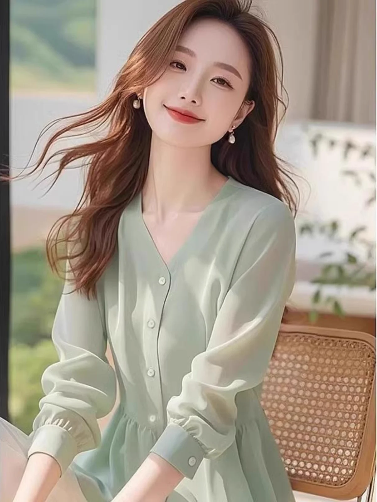 Sli een irt Women's Ele Cover-Up Spring 2026 New Faion High-End Korean Sle V-Ne Long Sve Casual irt