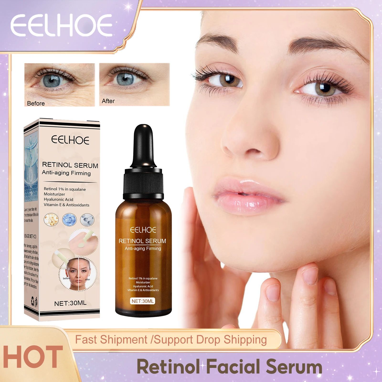 Retinol Anti Wrinkle Serum Fade Dark Spots Lifting Firming Moisturize  Shrinks Pores Brighten Facial Skin Wrinkle Remove Essence 210ml damascus rose pure dew moisturizes and moisturizes rose toner rose essence shrinks pores toner facial serum