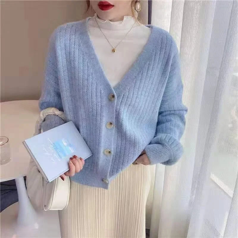 Fashion Retro V-neck Women's Long-sleeved Cardigan Sweater Autumn and Winter New Casual Knitwear Single-breasted Blouse