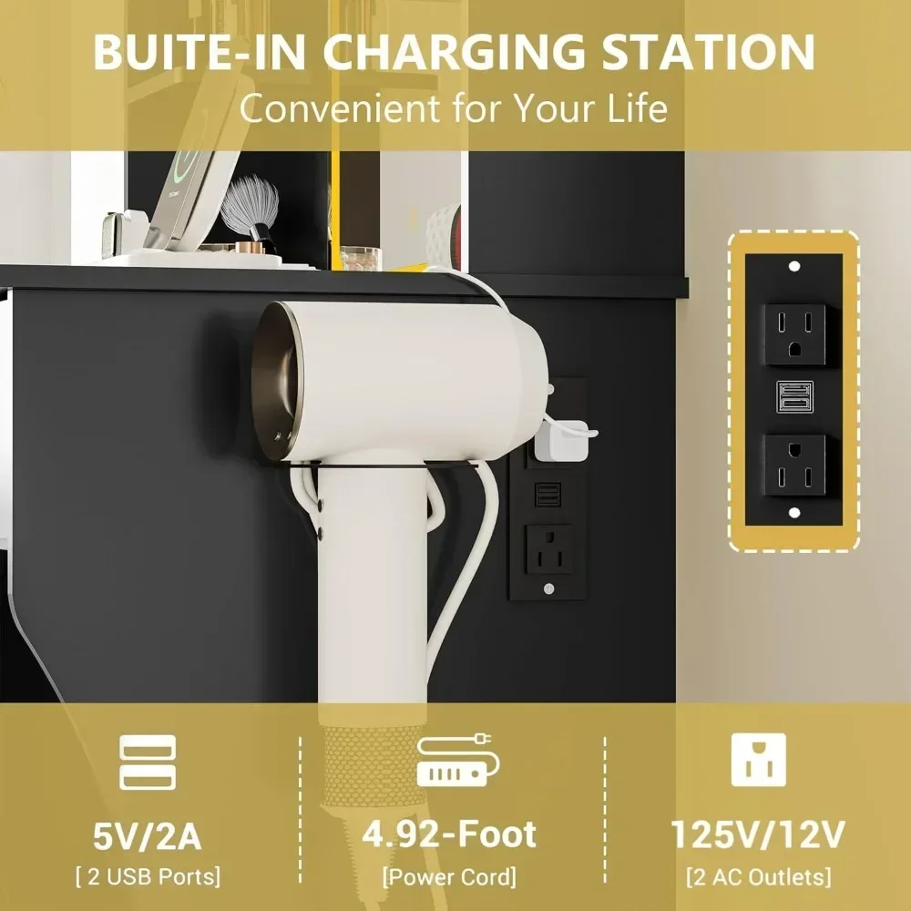 Compact LED-lit Makeup Vanity Table with Storage and Power Outlet, Featuring 3 Lighting Options and Chair
