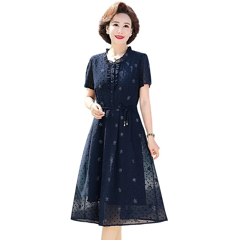 

Long Dress For Women 2023 summer Short sleeve A-line Embroidery Round neck Midi Dresses Female Elegant Vestido Rebo