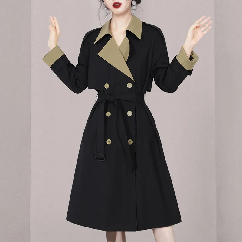 

Autumn Fashion Elegant Trench Coat Mid Long Women's Overcoat Winter Black with Belt Windbreaker Coats for Women Korean New Tops