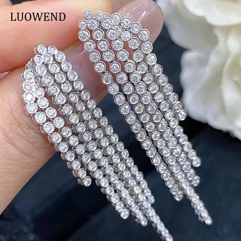 

Серьги LUOWEND из белого золота 18 карат, модные пятирядные дизайнерские серьги с кисточками, серьги с настоящими натуральными бриллиантами, женские Украшения