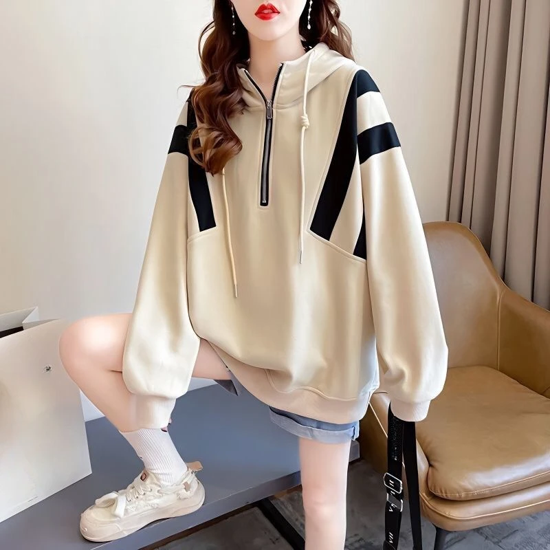 

Top with Zipper Woman Clothing Hoodies Loose Women's Sweatshirt Grey Full Zip Up Baggy Striped Hooded Y2k Vintage Casual Emo E M