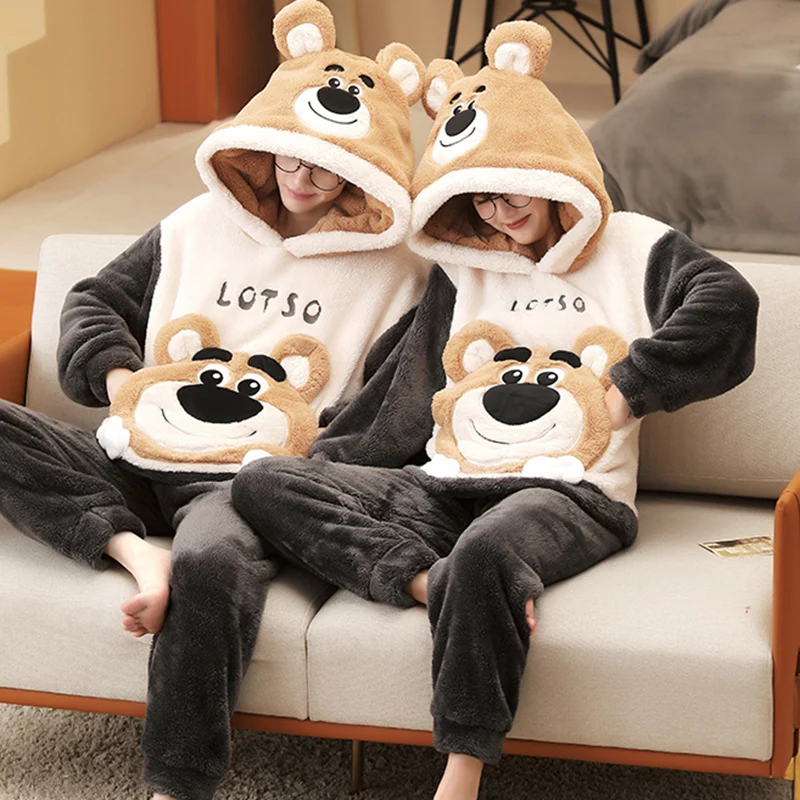 Couple Pajamas Set Women Men Thicken Pyjamas Winter Warm Anime Bear Kawaii Sleepwear Korean Loose Lovers Homewear Pijamas Suit