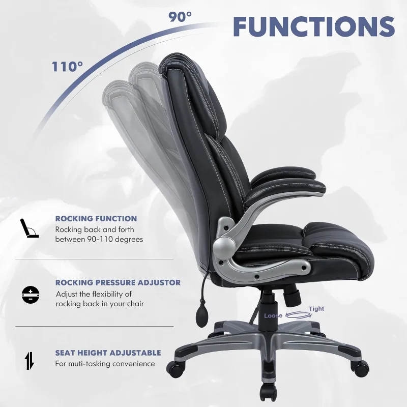 Office Chair, Ergonomic Computer Chair with Adjustable Lumbar Support,  Executive High Back Chair, Leather Desk Chair Flip-up Arms, Swivel Rolling  Work