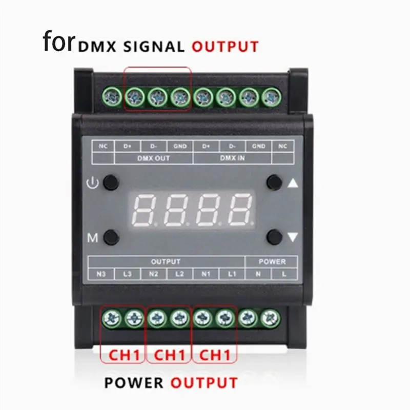 A37T-DMX302 3채널용 고전압 DMX 트라이액 LED 조광기 1A/CH 밝기 컨트롤러 AC90V-240V 50Hz/60Hz 출력