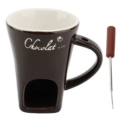 Ceramic Fondue Mug & Butter Warmer with Forks for Chocolate Melting (Brown)