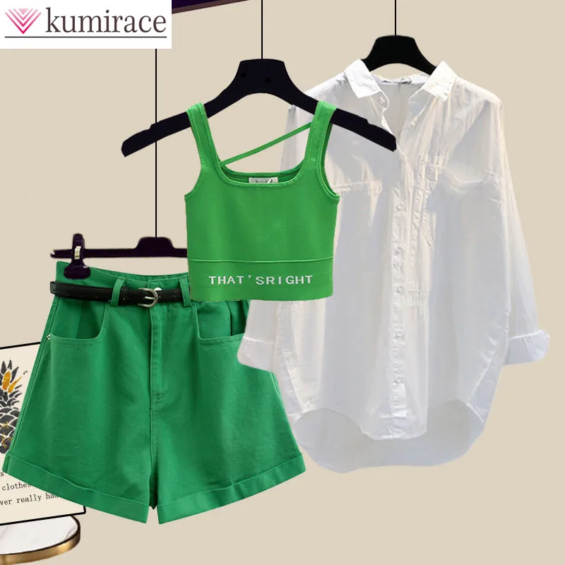

Letter Print Strap Tank Top White Chiffon Shirt Blouse Mini Shorts Three Piece Elegant Women's Pants Set Summer Outfits