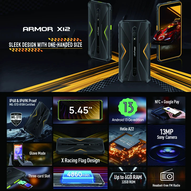 Ulefone Armor X12,Android 13，Up to 6ГБ（3ГБ+3ГБ）RAM，32ГБ ROM，4860mAh，13MP , 5.45", 4G NFC,Global Version 2