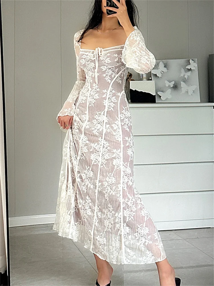 

Tossy See-Through Lace-Up Lace Dress For Women Backless Elegant Slim Patchwork Printed Long Dress Ladies Bandage Party Dress