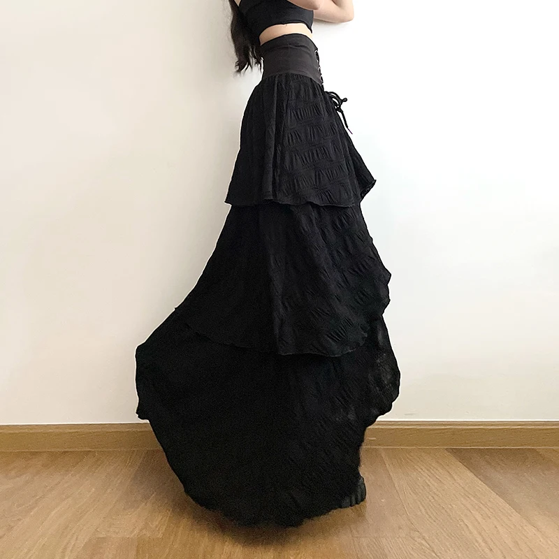 New Summer Harajuku Punk Style Long Skirts Women High Waist Splicing Bandage Gothic Black Fashion Streetwear Split Skirt