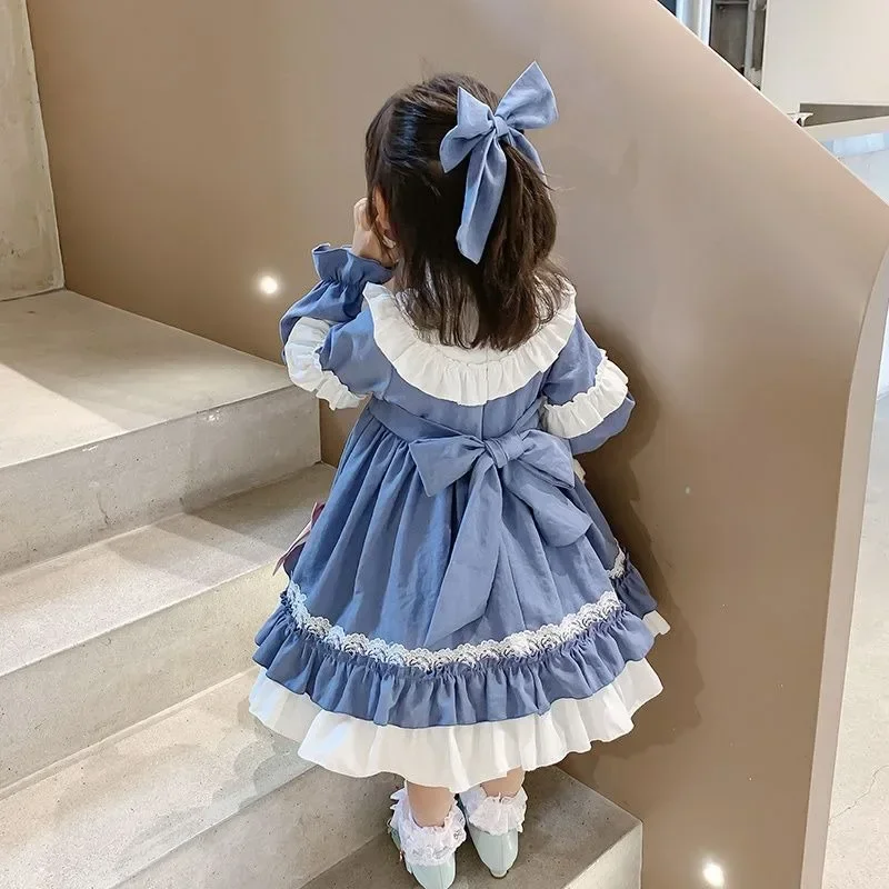 Winter cute children's birthday princess dress for girls sweet blue bow ruffle children's long sleeve lolita dress 2-7 years old