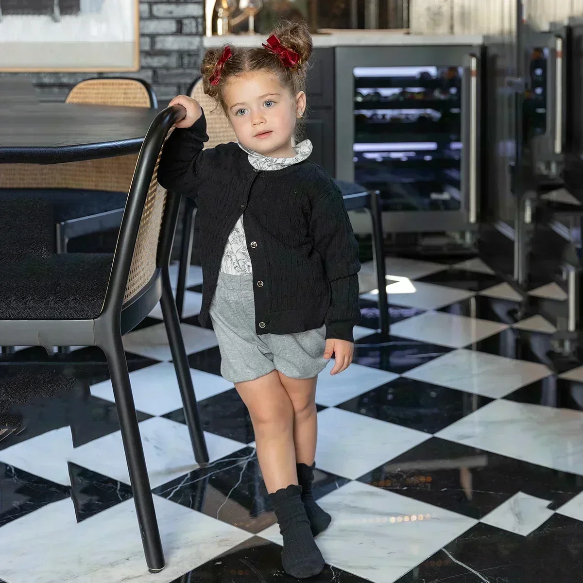 AP Herringbone Collection 2025 Autumn Stretched Girls and Boys Clothes Baby Floral Set Kids Cardigan Cableknit Polo,  #6006 5