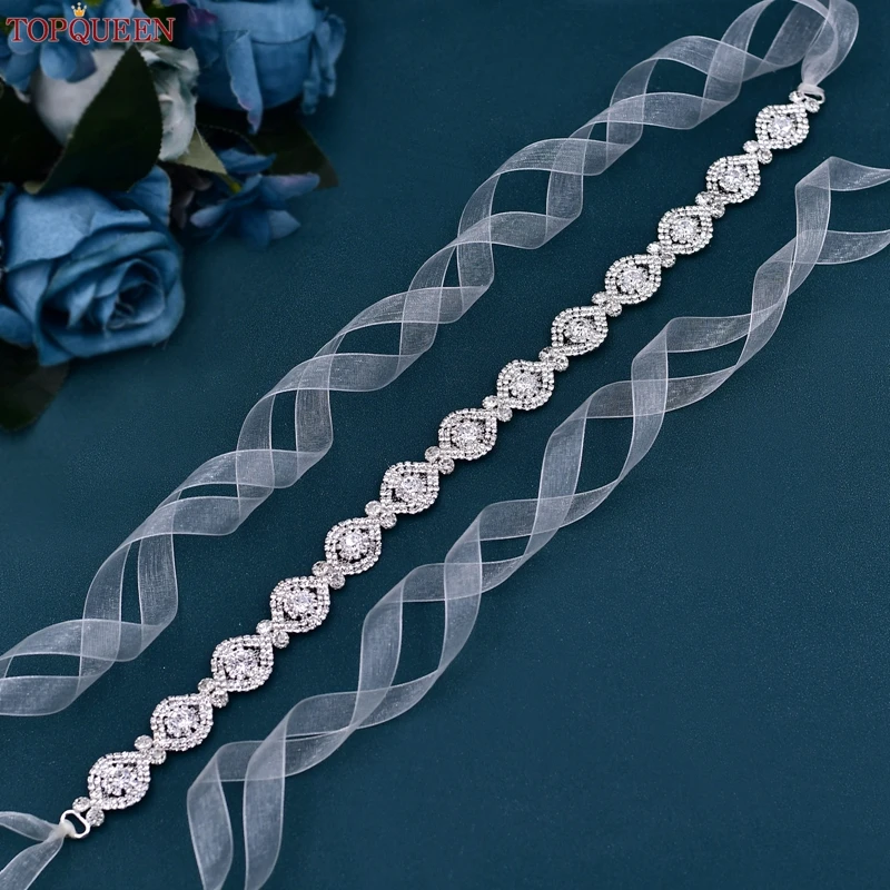 

TOPQUEEN Bride Belts with Silver Crystal Wedding Sash Applique Sparkly for Bridal Women Female Ladies Dress Gown Decoration S307