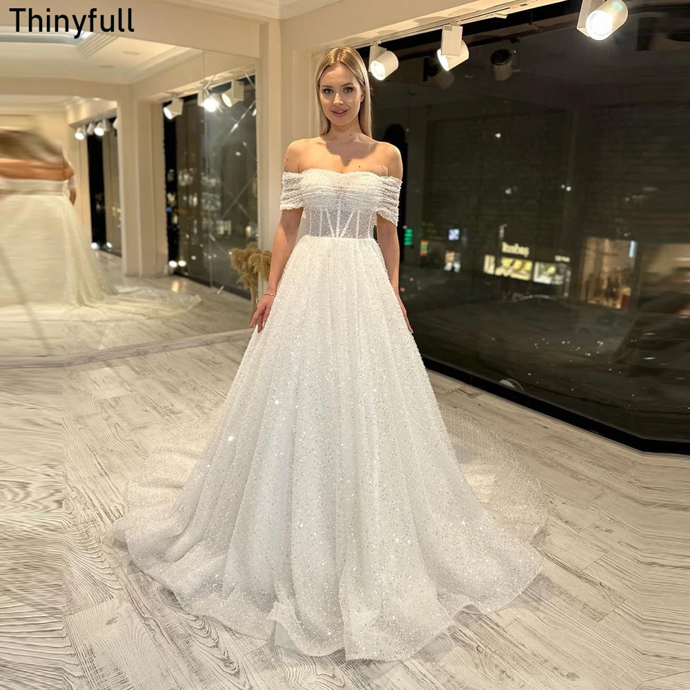 

Thinyfull Elegant White A-Line Wedding Dress Strapless Off Shoulder Bride Dress Glitter Long Bridal Party Gown Vestidos De Novia