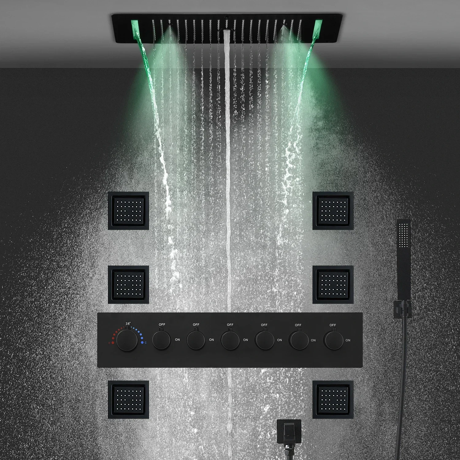 Luxury Remote LED 28*15 Inch Shower Head Set Constant Temperature Valve Mixer Diverter SPA Massage 6 Pcs 4 Inch Lateral Jet 4