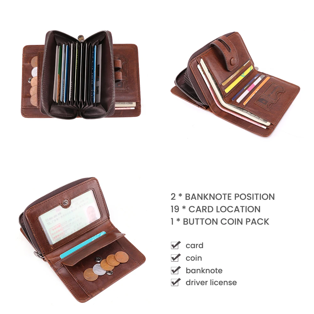 Genuine leather men wallet rfid Coin purses anti-magnetic organ card slot High capacity wallet casual fashion zipper Money clip