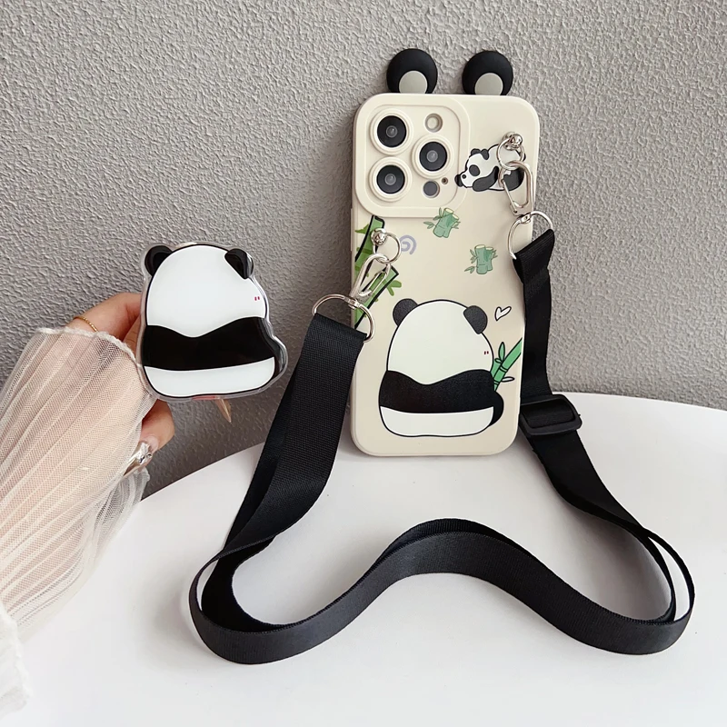 Universal Phone Case with Holder Rope and Ear Panda Design