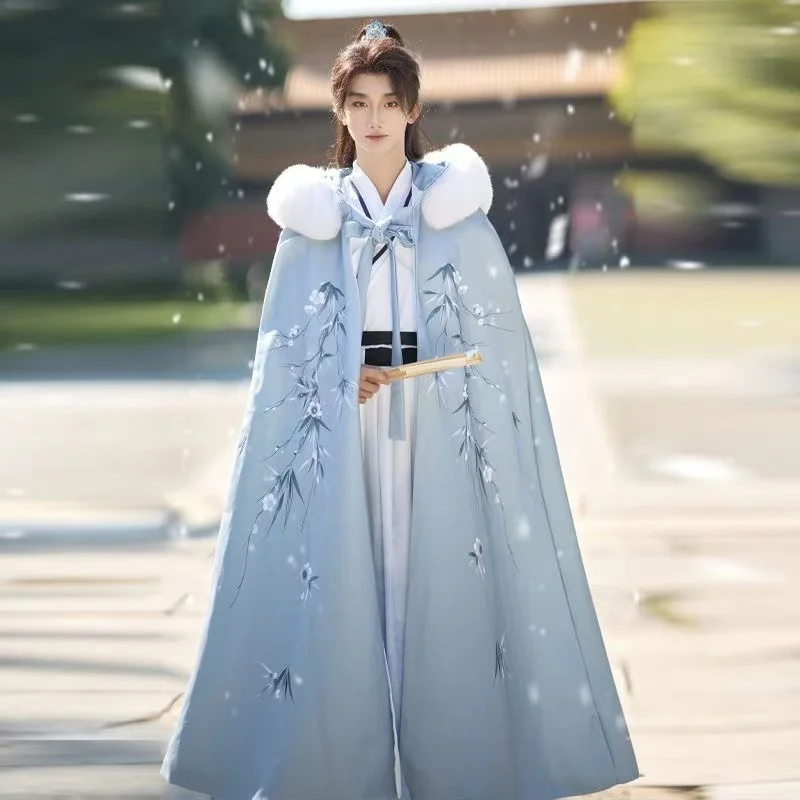 Winter Failry Ice Snow Hanfu Cloak Men's Thicken Velvet Bamboo Printing Long Robe Vintage Royal Knight Cosplay Plush Collar Cape