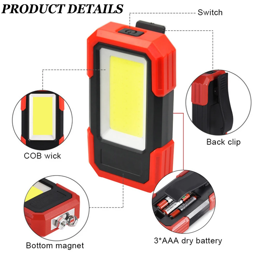 Portable COB LED Work Light with Magnetic Base 3 Lighting Modes Hanging Hook Super Bright Flashlight Work Lamp Camping Light