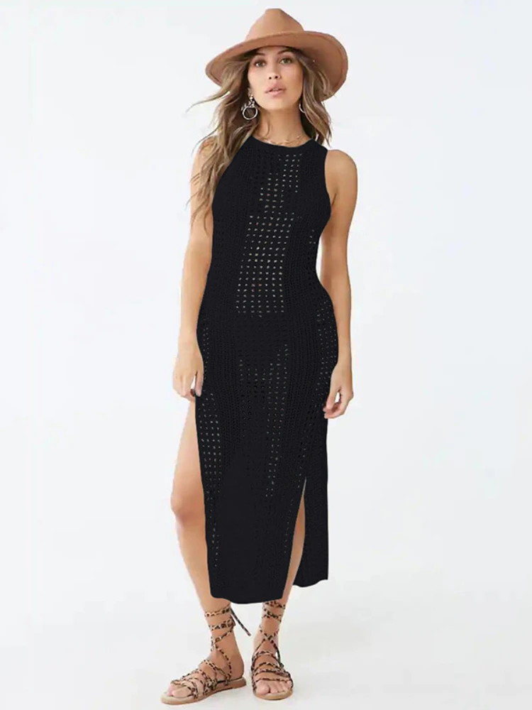 Bikini Smock for Women's Sleeveless Crochet Dress, Knitted Fashion Beach Solid Color Side Slit O-neck Summer Beach Swimsuit