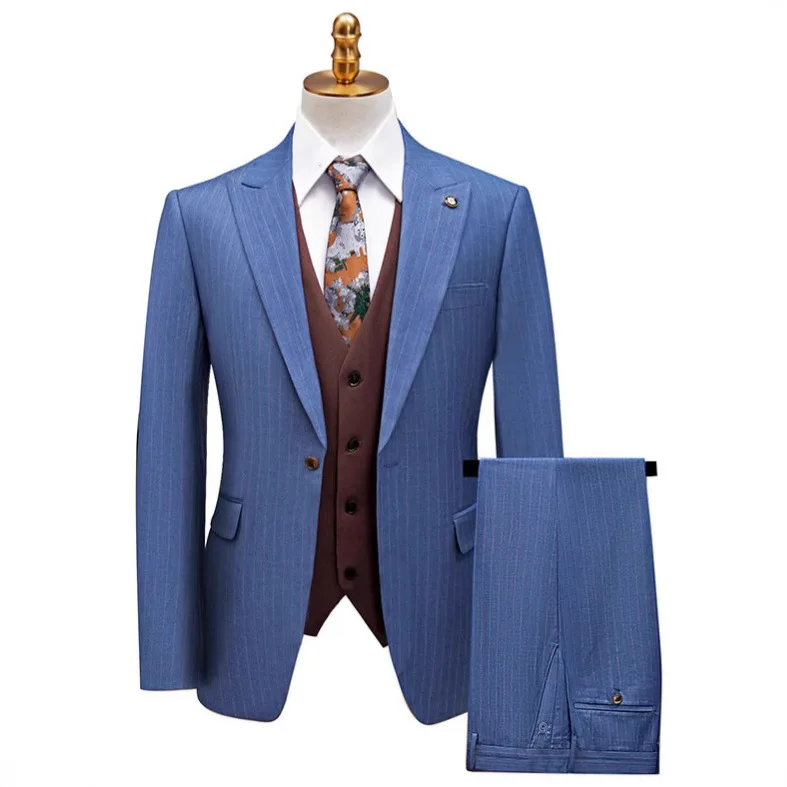 Men's Classic Formal Pinstripe Tuxedos Suits 3 Pieces Slim Fit Blazer Peak Lapel Two Button Groomsmen Wedding Dress Business