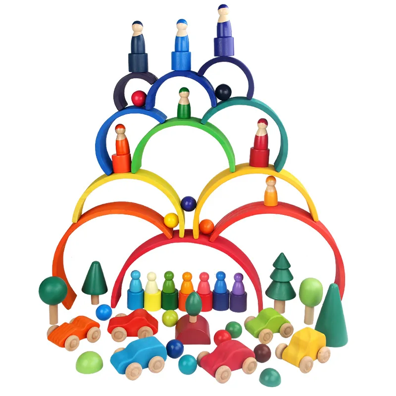 Colorful Wooden Rainbow Stacking Blocks - Montessori-Inspired Educational Toy