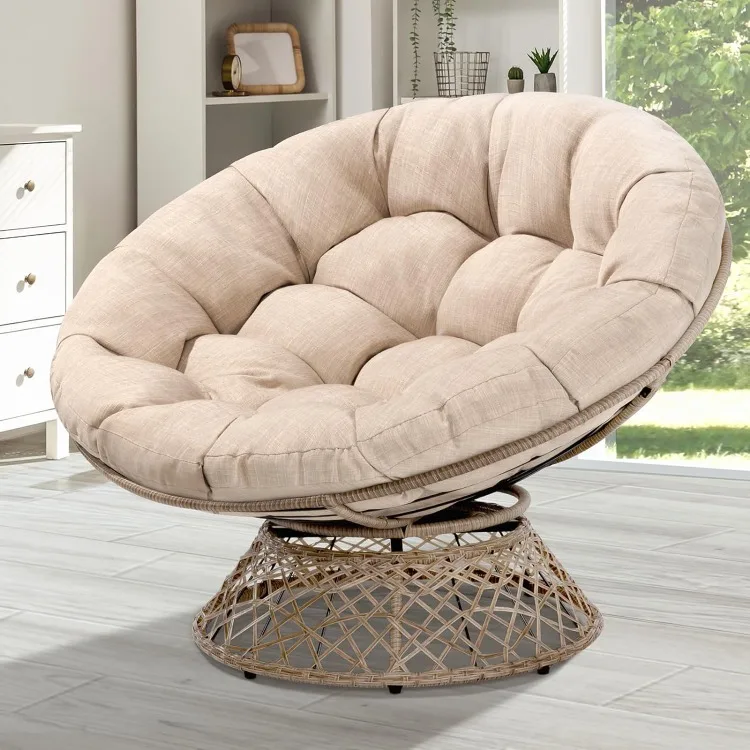 

46" Large Size Ergonomic Wicker Papasan Chair with Soft Thick Density Fabric Cushion, Bee-Designed Base, High Capacity