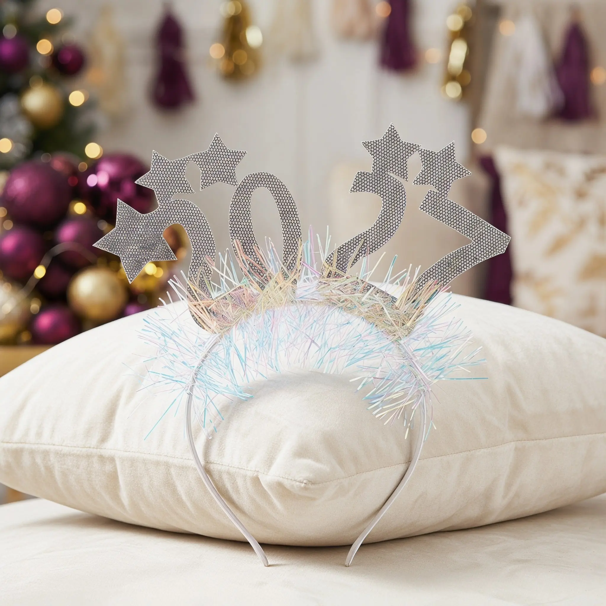 2 Sets Happy New Year Headband - Silver Glitter Party Decor Happy New Year Headband