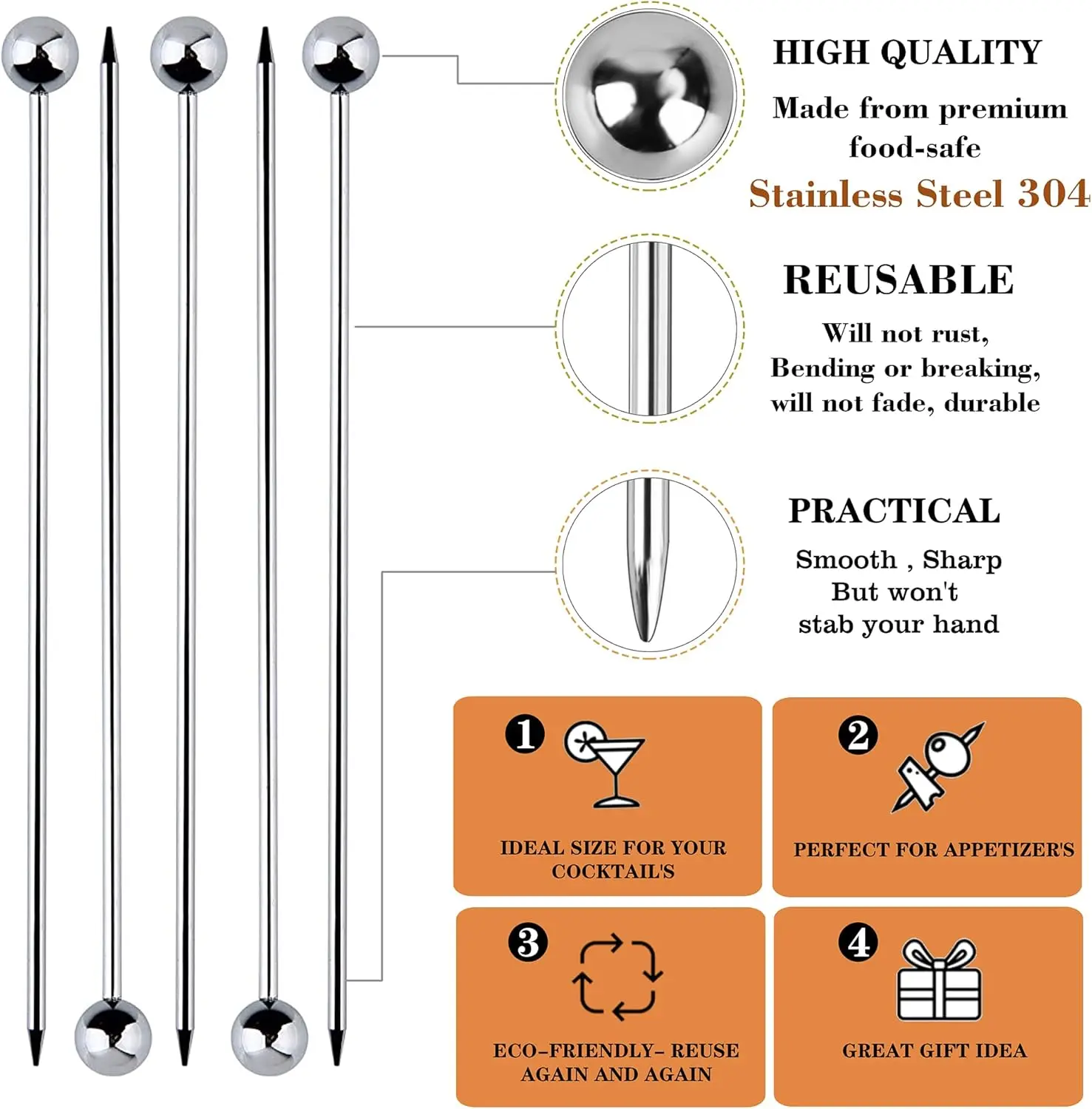 Cocktail Picks 12Pcs Stainless Steel Bar Tools Drink Stirring Fruit Sticks
