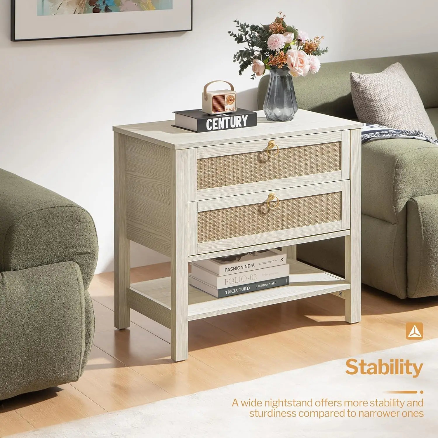 White Night Stand Set of 2, Large Nightstand with Drawers and Storage Shelf-Rattan Boho Bedside Table Narrow Side Table for Be