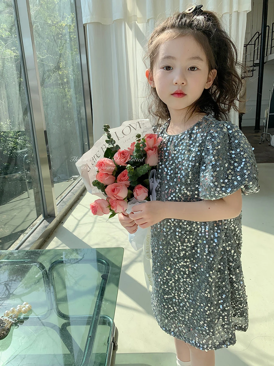 

Sequins Girl's Dress Silver Gray Shining Flower Girl's Dresses Short Sleeves