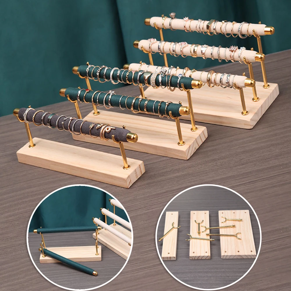 

Jewelry Display Stand Organizer Ring Bracelet Pendant Holder Wood Base Sponge Stick MultiLayer Removable Metal Ring Storage Rack