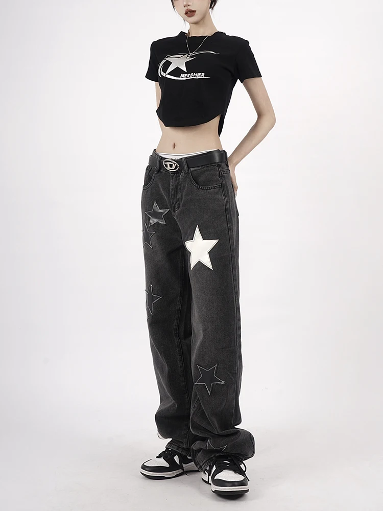 

Streetwear Black Pentagram High Waist Jeans Y2K Korean Hip Hop Straight Denim Boyfriend Baggy Jeans For Women Trousers 2023 New