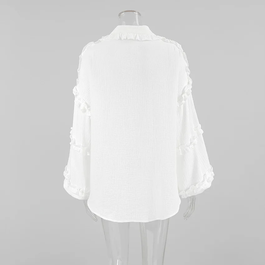 Camisas blancas holgadas con volantes para mujer, manga larga, elegantes, a la moda, otoño, lisas, informales, prendas de vestir exteriores, camisas para mujer, abrigos, novedad de verano