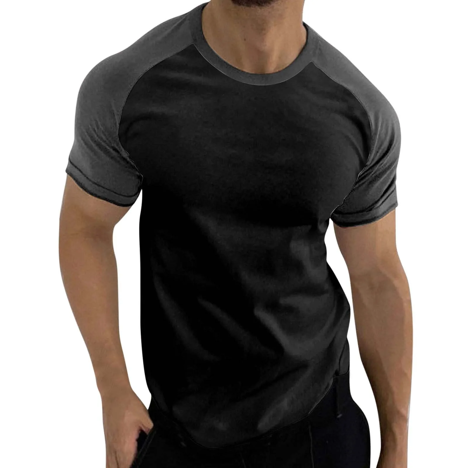 

Mens T-shirt Summer Sports Color Block Raglan Sleeves Round Neck T Shirt Casual Workout Bodybuilding Bottoming Male Tops Tees