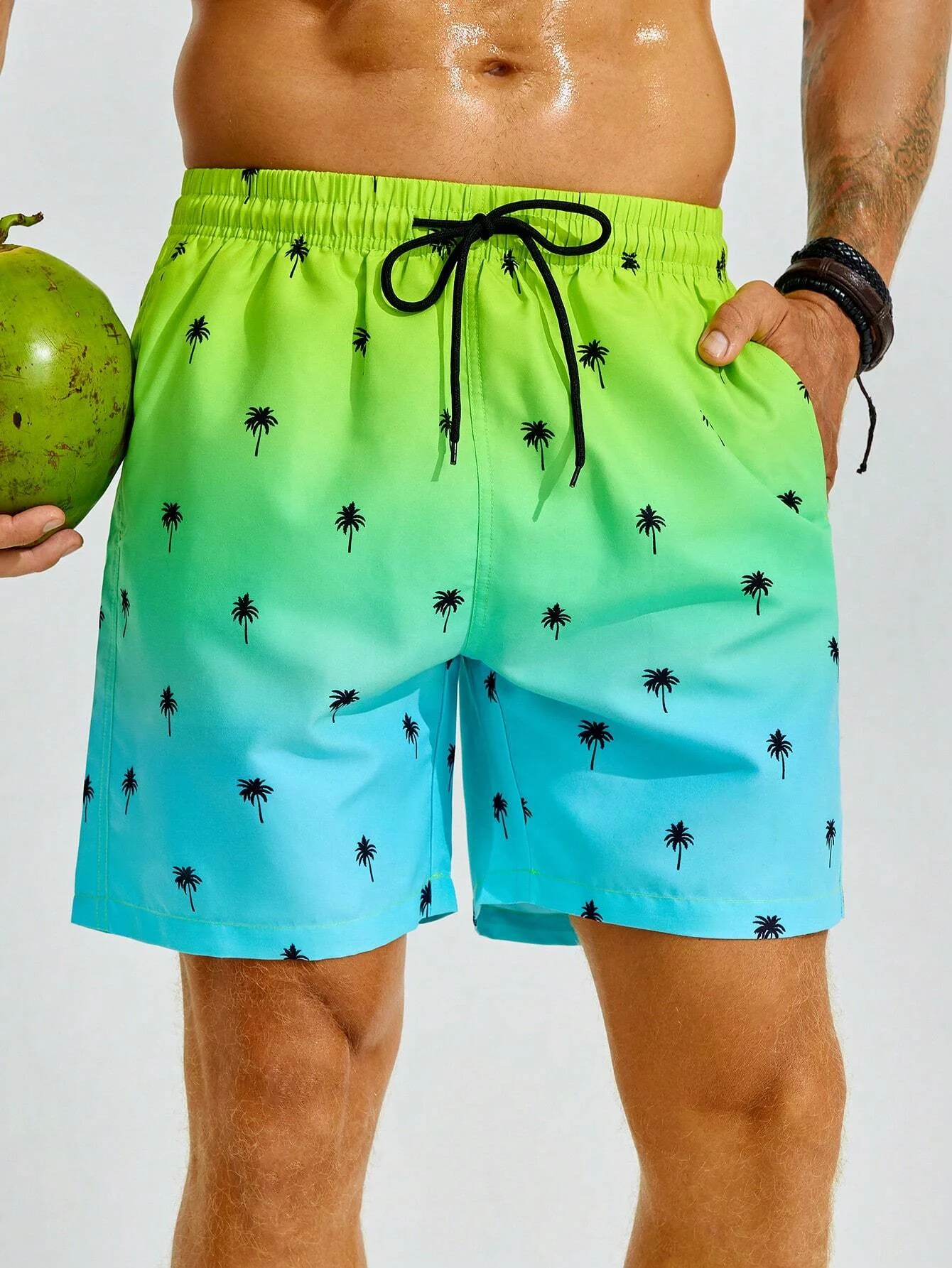 Summer Men's Beach Short Coconut Tree Drawstring Men's swim Trunks Elastic Waist 3D Print Gradient Breathable Short Streetwear 2