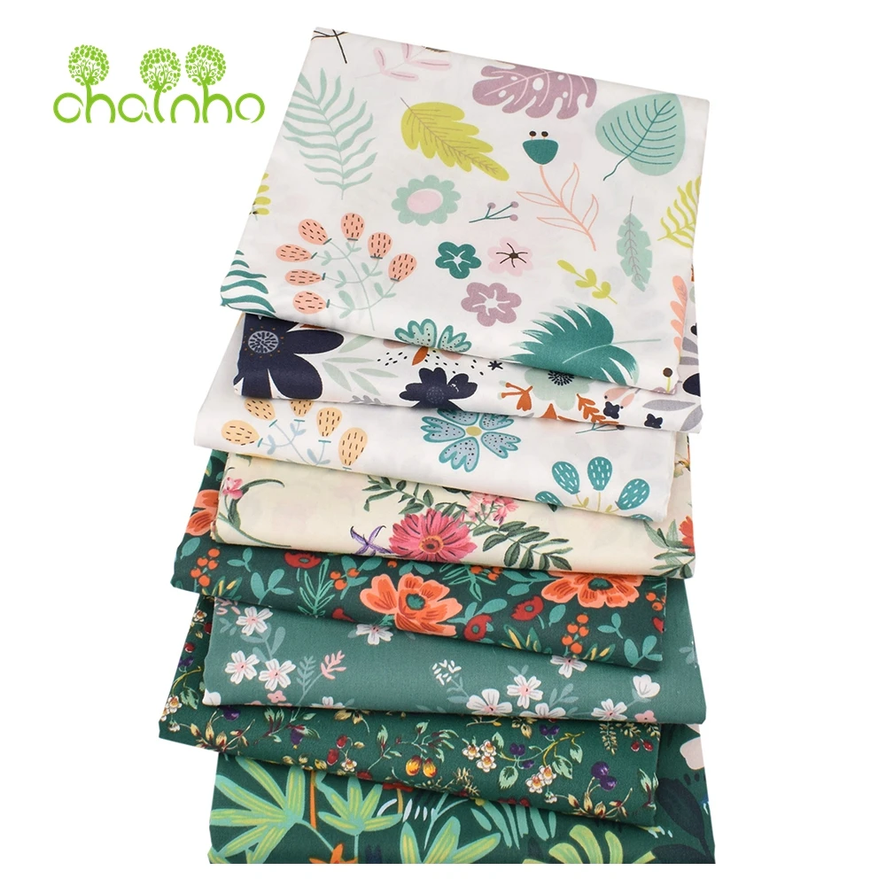 Chainho,Printed Twill Weave Cotton Fabric,Patchwork Cloth,DIY Sewing Quilting Material,Green Floral Series,4 Specification,CC271