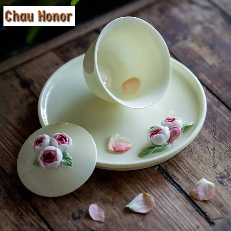 125ml High-end Handmade Pinch Flowers Gaiwan Tea Tureen Tea Bowl with Lid Kit Tea Maker Cover Bowl Chinese Tea Set Ornaments